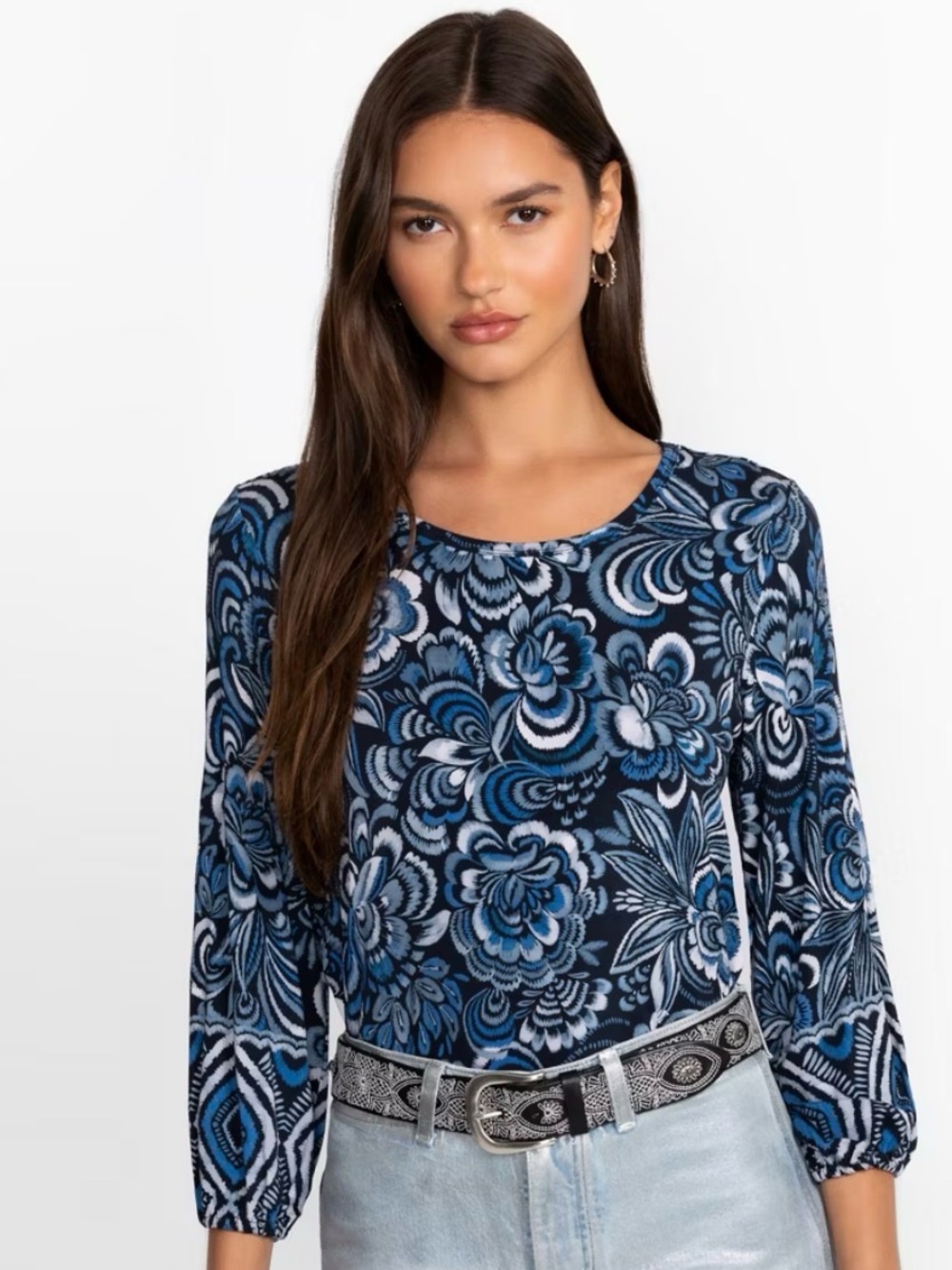 Johnny Was Navy and White Floral Blouse